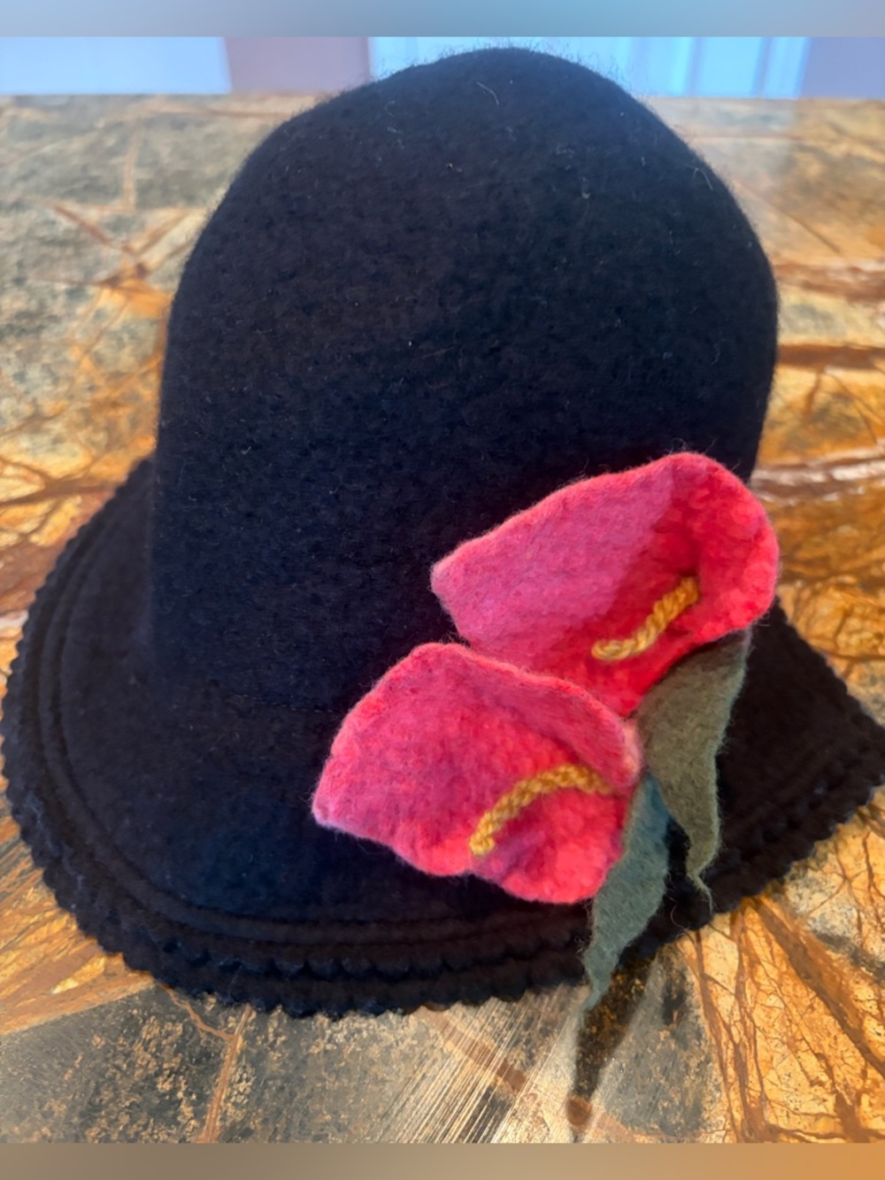 Miss Fitt Felted Black Wool Cloche Hat with Pink Felt Flowers